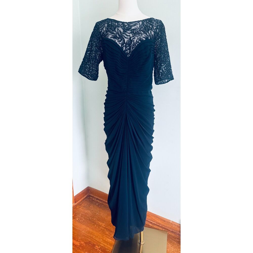 Tadashi Shoji Navy Blue Ruched Mesh Asymmetric Draped Evening Dress NWOT Size 10